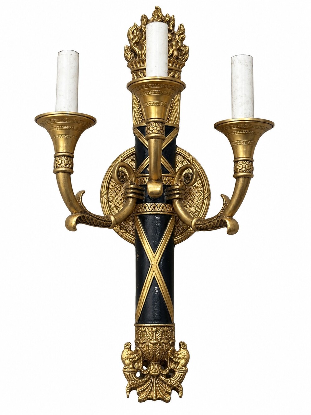 Antique French Empire Brass Torch Design 3 Arm Wall Sconce